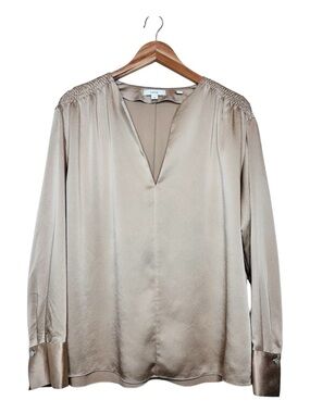 Vince Satin V-Neck Long Sleeve Blouse with Smocked Shoulders Size Large Neutral